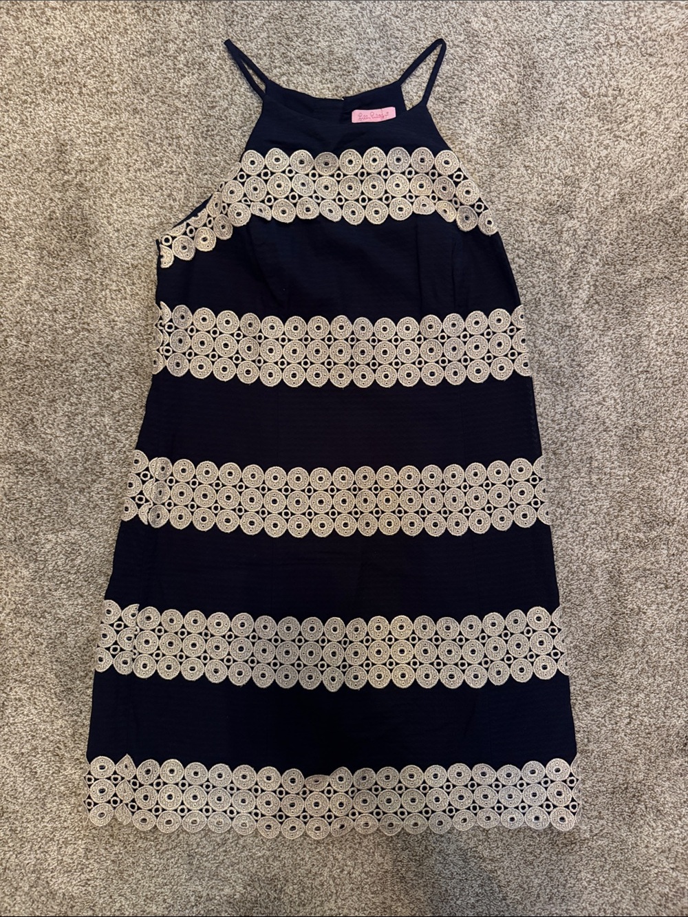Lilly Pulitzer Navy Dress with Cream Lace Stripes